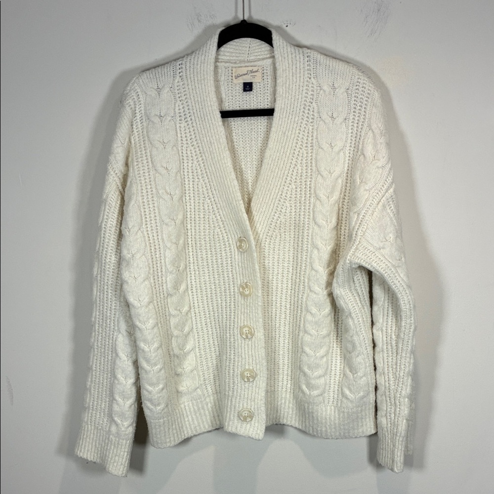 Ivory Cable Knit Cardigan Button Front Cozy Neutral Sweater M - Picture 2 of 10
